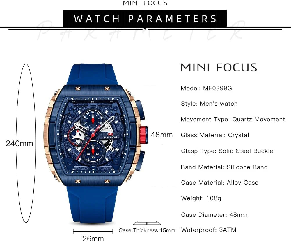 Mini Focus Men’s Watch – Fashion Sport Quartz Chronograph Watch with Big Dial, Luminous & 30M Water Resistant